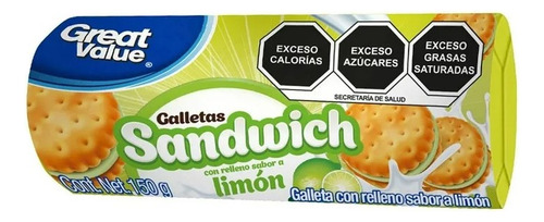 9 Pza Galletas Great Value Con Relleno Sabor Limón 150 G