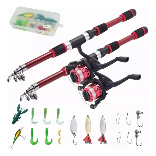 Kit De Pesca 2 Telescópica Varas 2 Carretel Molinetes Itens Cor Preto/Vermelho