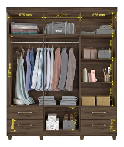 Imagem 3 de 4 de Guarda Roupa 6 Portas 4 Gavetas Canadá - Café