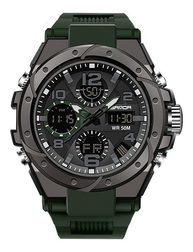 Reloj de pulsera Sanda 6008 de cuerpo color negro, analógico-digital, para hombre, fondo negro, con correa de resina color verde, agujas color verde y gris y negro, dial negro, subesferas color verde y negro, minutero/segundero blanco, bisel color negro y hebilla simple