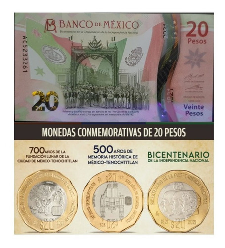 4 Nuevas De 20 Pesos Independencia Tenochtitlan Y Billete