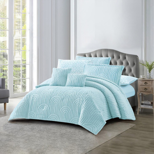 Edredón 7 Pzs Elena Flannel Queen Size 240 X 220 Color Azul Claro Diseño De La Tela Ondas