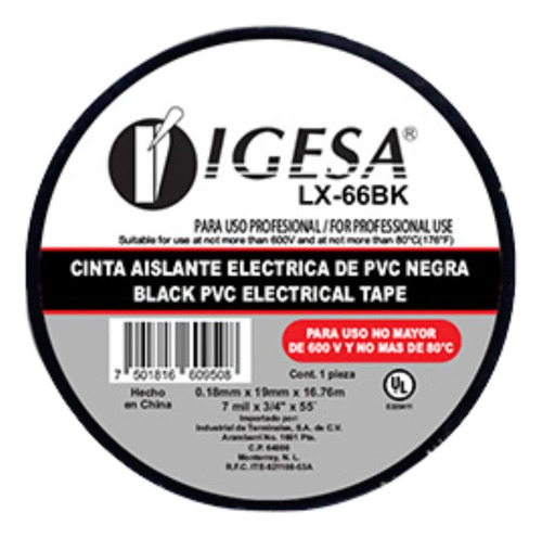 Cinta Aislante Pvc Negra 16.76 Metros Igesa Lx-66bk (10 Pzs)