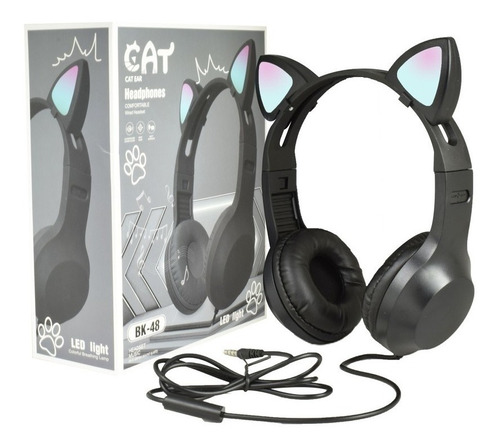 Imagen 1 de 4 de Audifonos Diadema 3.5mm Cat Orejas De Gato Luz Led Ear Bk-48