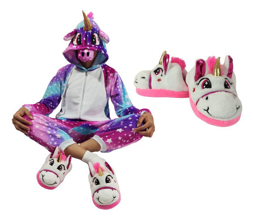 Combo Pijama De Unicornio Para Niños + Pantuflas Unicornio