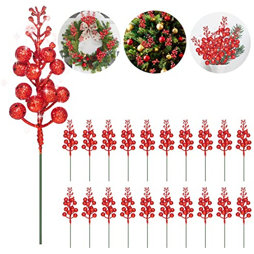 20 Pack Christmas Glitter Berry Stems,7.8 Inch Artifici...
