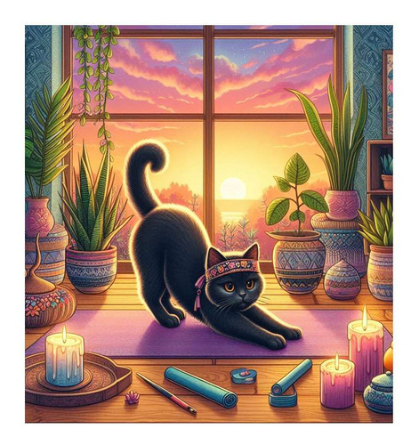 Vinilo 45x45cm Gato Yoga En Casa Atardecer Dibujo Vela