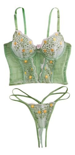 Conjunto Lencería Con Corset Push Up Y Tanga Con Lentejuelas