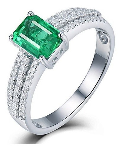 14k Oro Blanco Esmeralda Verde Natural Compromiso Solitario 