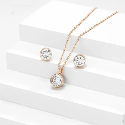 Juego Collar Dije Y Aretes Solitario Swarovski Oro Rosa 14k 910
