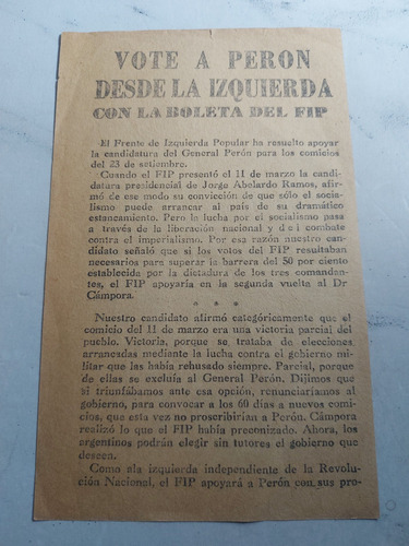 Perón Frente Izquierda Popular Antiguo Volante 1947 Ian 527