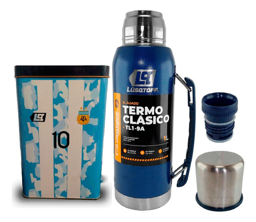 Termo Azul Acero Inox Lusqtoff 1 Litro Frio Calor + Yerbera