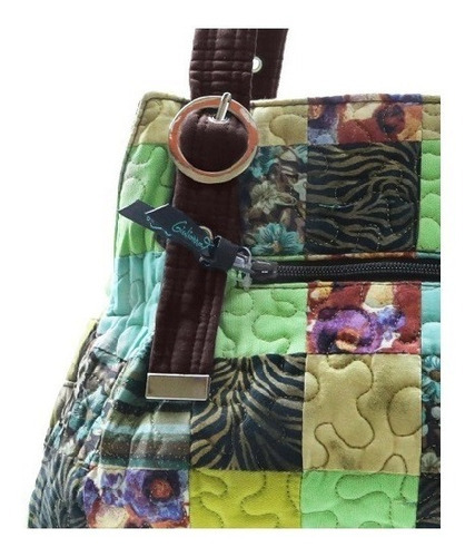 Bolsa Ombro Alça Ajustável Giulianna Quilting 100% Algodão Cor Clover Azul e Verde Desenho do tecido Patchwork