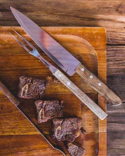 Imagen 3 de 10 de Juego Set Asado Churrasco Acero Inoxidable Madera 4 Piezas