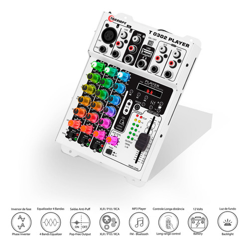 Mesa De Som 3 Canais Player Multicolor T0302 Mixer Taramps T