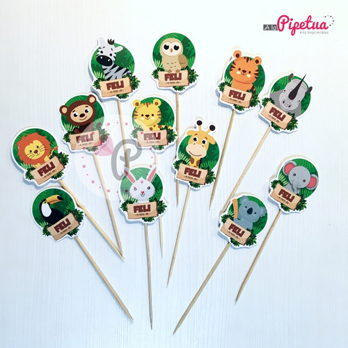 Mega Pack Animales De La Selva Topper Banderin Pinchos Deco