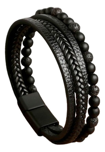 Pulsera Cuero, Brazalete Cuentas , Joyería Manilla Negra