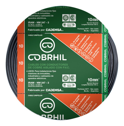 Cable Unipolar Normalizado Cobrhil 10 Mm 100 Mts Negro