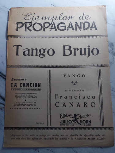 Antigua Partitura Tango Brujo Publicitaria. Ian 811