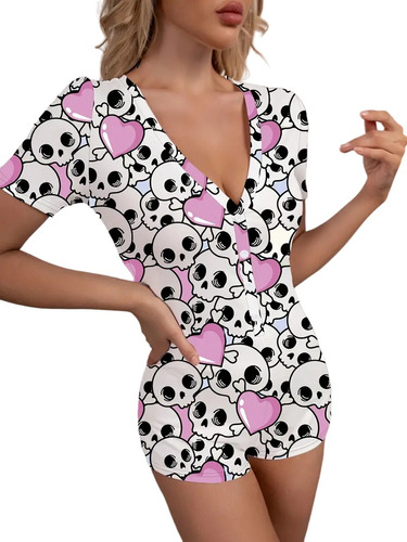 Pijama Romper Con Estampado De Calavera, Manga Corta