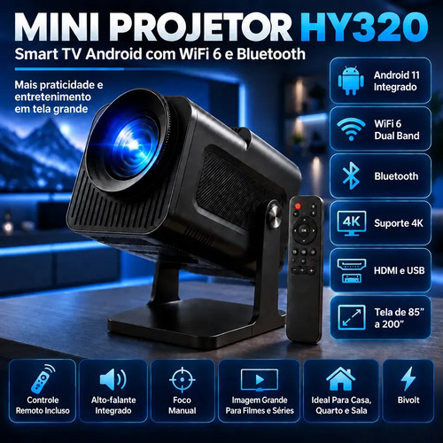 Projetor HY320 Mini Portátil Hardline Smart TV Android WiFi 6 390 ANSI Lumens Full HD Suporte 4K HDMI Bluetooth 85-200 Polegadas Alto Fal...
