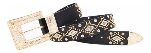 Cinto Feminino Country Preto Com Strass Fivela Pedrarias