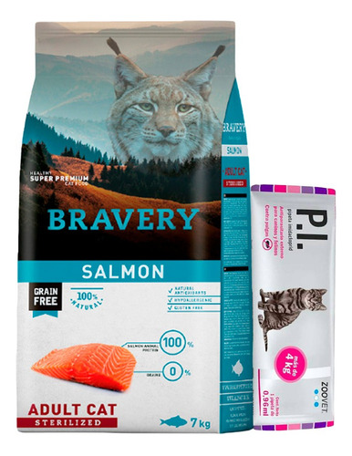 Comida Gato Bravery Salmon Esterilizado7 Kg Y Antipulgas P.i