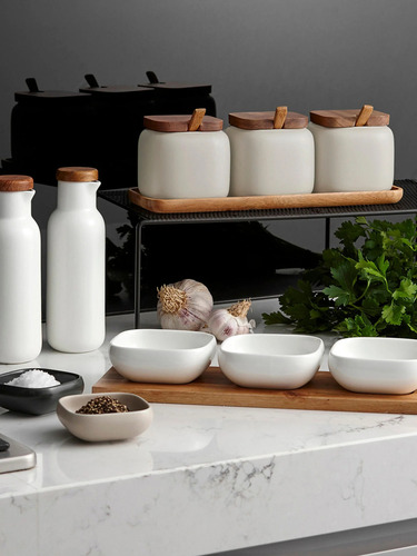 Contenedores Especieros Ceramica Tapa Cuchara Bambu Bandeja Color Blanco