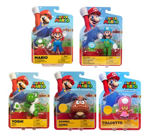 Set De 5 Figuras Mario, Wave 36, 10cm Altura Articulada