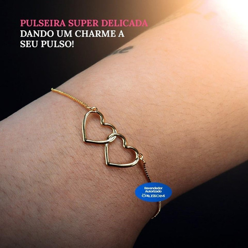 Pulseira Feminina Dourada Coração Duplo Com Extensor