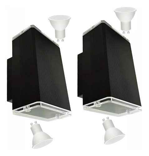 Pack X 2 Aplique Para Pared Bidireccional De Aluminio Recto Color Negro Apto Intemperie Exterior Proteccion Ip65 Completo Con Leds 7w Luz Calida