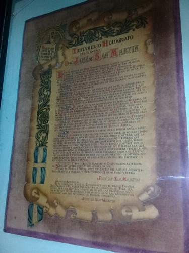 Cuadro Testamento Holografo Del General Jose De San Martin (Usado)