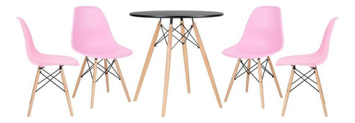 Kit Mesa Jantar Eames Wood 70 Cm 4 Cadeiras Eiffel Coloridas Tampa Mesa preto com cadeiras rosa