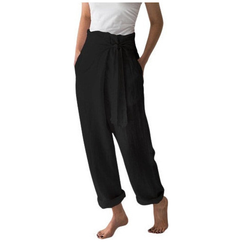 Pantalones Casual De Cintura Alta Algodón Y Lino Para Mujer