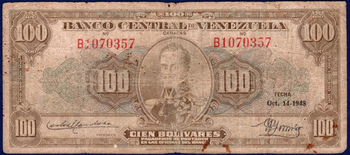 Billete De 100 Bolívares B7 Octubre 14 1948 Simón Bolívar