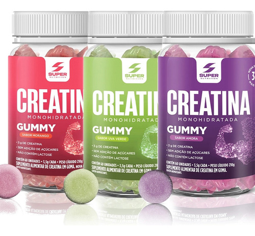 Kit 03 Super Gummy Creatina Sabores -morango-uva Verde-amora