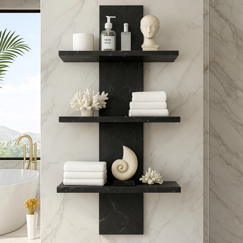 Repisa Decorativa De Baño Moderna Con Estantes Color Nogal Mármol Negro