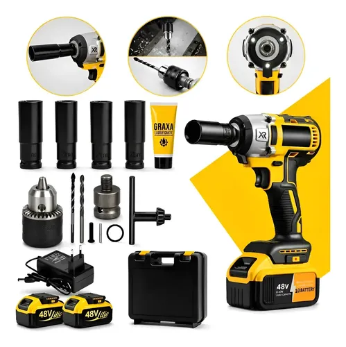 Chave De Impacto Com 2 Baterias Furadeira Parafusadeira Profissional Mandril 12 Quadrado Torque 520 Nm 0 4000 Rpm Velocidade Variavel Carregador
