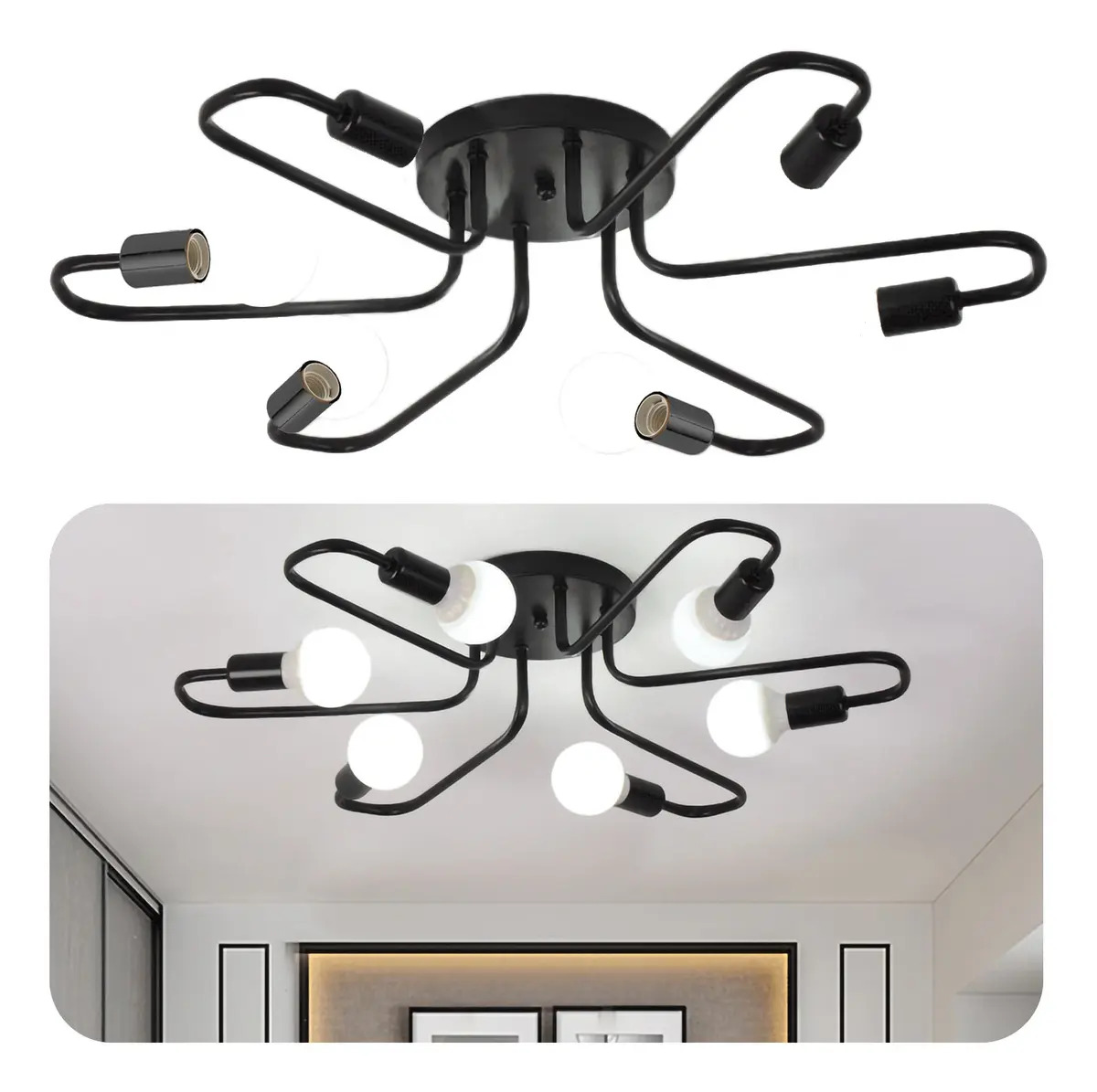Luminária De Teto Luminária Pendente De 6 Cabeças Preto Luminária Pendente De Teto Regulável Compatível Com Lâmpadas E27 Luminária Pendente Para Cozinha, Quarto, Sala De Estar Lâmp