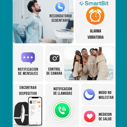 Smart Band Watch Salud Smartbit Pulse Negro Mujer Hombre Reloj Mide Presion Arterial Deportivo Sumergible 1 Atm Mensajes Llamadas Ligero Pasos Sueño Oxigeno Doble Malla Bateria Larga Duracion 30 Dias