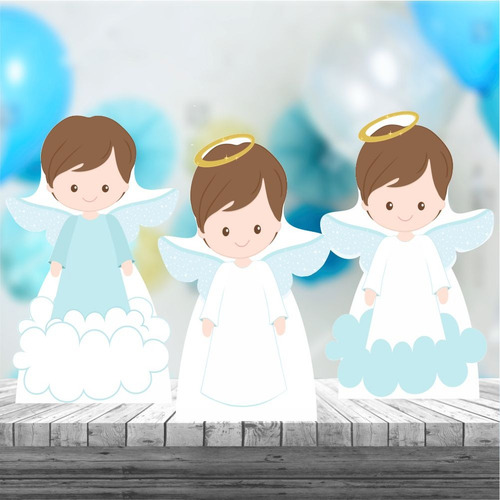 Imagem 1 de 6 de Kit 3 Centro Mesa Totem Display Batizado Menino Anjo