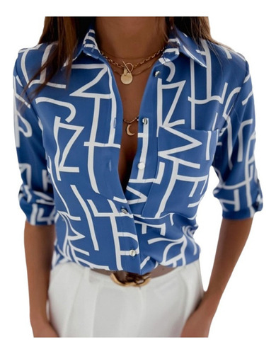 Camisa Casual De Manga Larga Con Botones Y Cuello En V Para