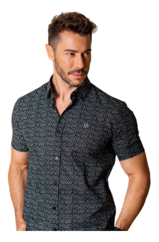 Camisa De Manga Curta Preta Micro Estampa Cinza 100%aLG Slim