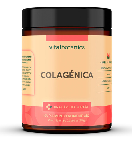 Suplemento Multivitamínico Colagénica con 180 capsulas 500 mg de Colágeno Hidrolizado, Biotina, Magnesio, Zinc y Vitaminas A, B5, C, D y E. VitalBotanics. Gluten Free