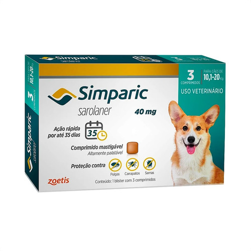 Antipulgas Simparic 40mg 10 A 20kg Zoetis - 3 Comprimidos