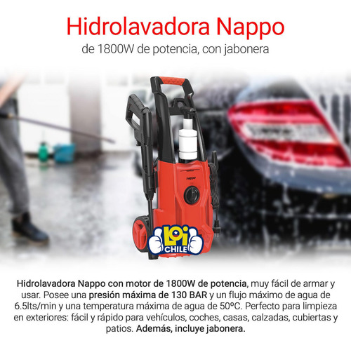 Imagen 2 de 4 de Hidrolavadora Nappo 1800w Jabonera 5mts Manguera Loi Chile