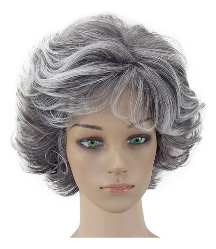 Peluca Rizada Gris Plateado Elegante Para Personas Mayores