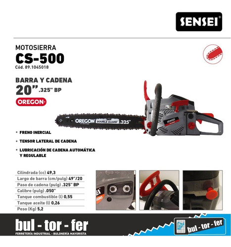 Imagen 3 de 6 de Motosierra Sensei 50cc Cs-500 Espada 20