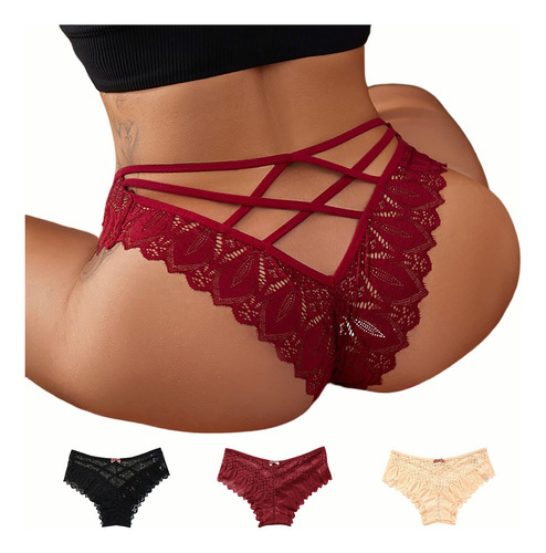 Paquete 3 Panty Bikini Señoras Tanga Cordón De Encaje Sexy