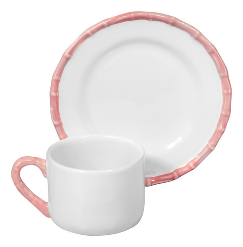 Kit Louça 6 Xícaras E 6 Pires Para Café Cerâmica Bambu Rosa